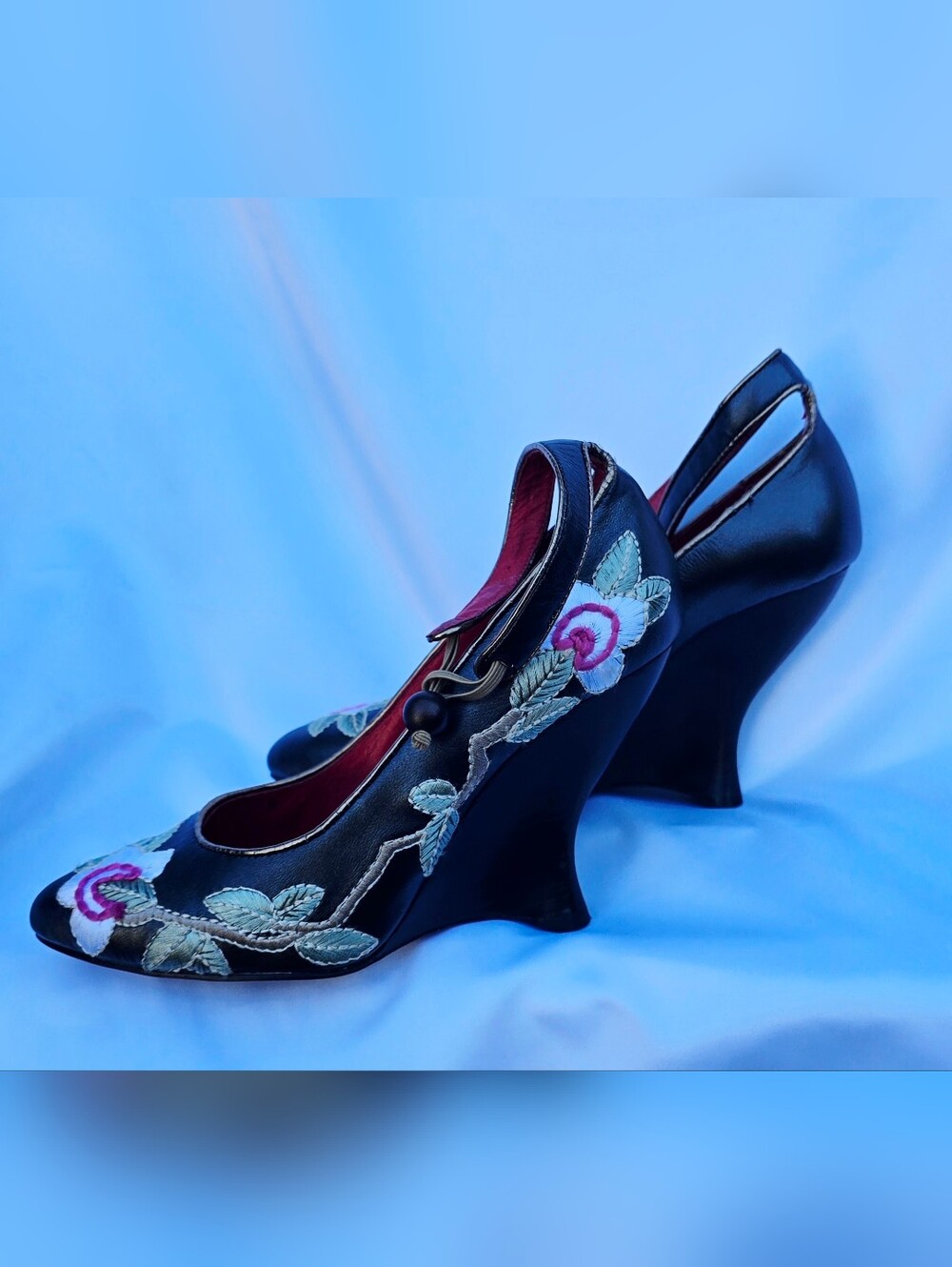 N.Y.L.A. Embroidered Floral Leather Wedge